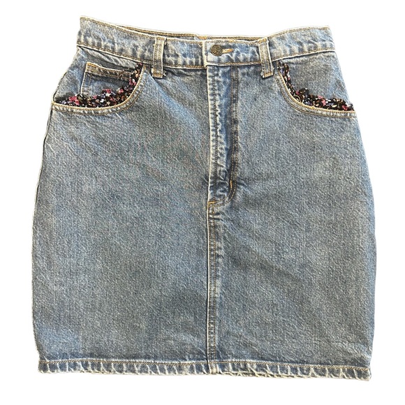 California Concepts Dresses & Skirts - VTG 80s 90s youthful cottagecore whimsy floral fabric detail denim mini skirt 26